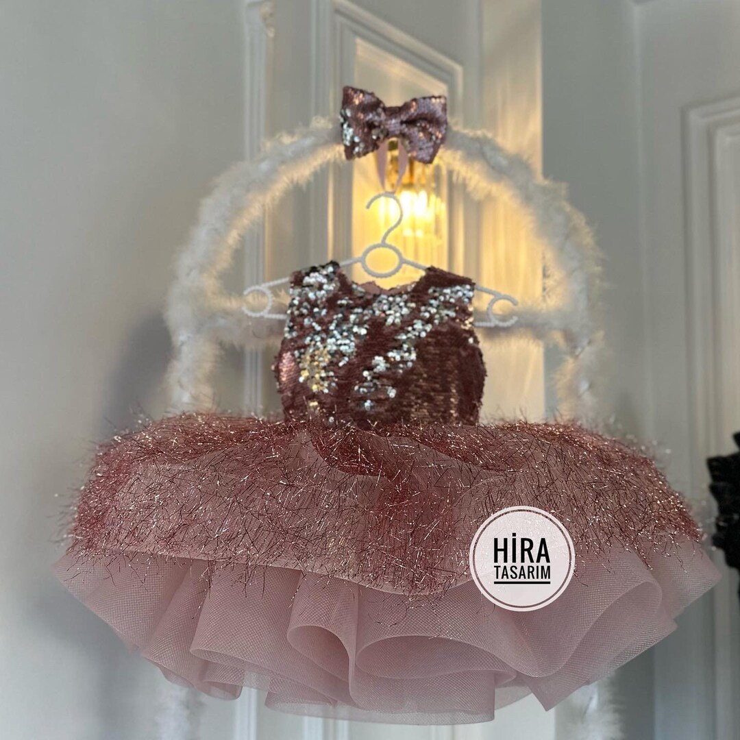 Rose Gold Sequin Baby Girl Wedding Dress, Birthday Pearl Stone Tutu