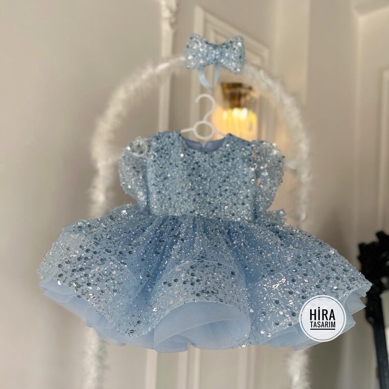 Blue Sequin Baby Girl Wedding Dress Birthday Pearl Stone Tutu Etsy