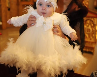 White Feather Baby Girl Dress, Wedding Tutu Dress, Prom Party, Bow Dress, Puffy Dress, Tulle Dress, Halloween Dress