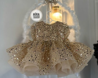 Gold Sequin Ribbon Baby Girl Wedding Dress, Birthday Pearl Stone Tutu Dress, Birthday Outfit, Princess Style Dress, Puffy Dress,Tulle Dress