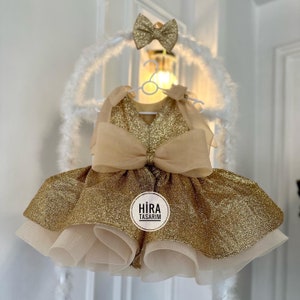 Gold Sequin Ribbon Tutu Baby Wedding Girl Birthday Dress, Prom Party Dress, Bow Flower Girl  Princess Style Dress,Puffy Dress,Tulle Dress