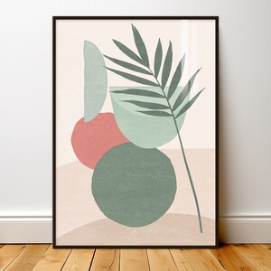 Könnte beinhalten: Abstrakter Kunstdruck mit einem grünen Palmblatt und überlappenden Kreisen in Grün-, Rosa- und Beigetönen.