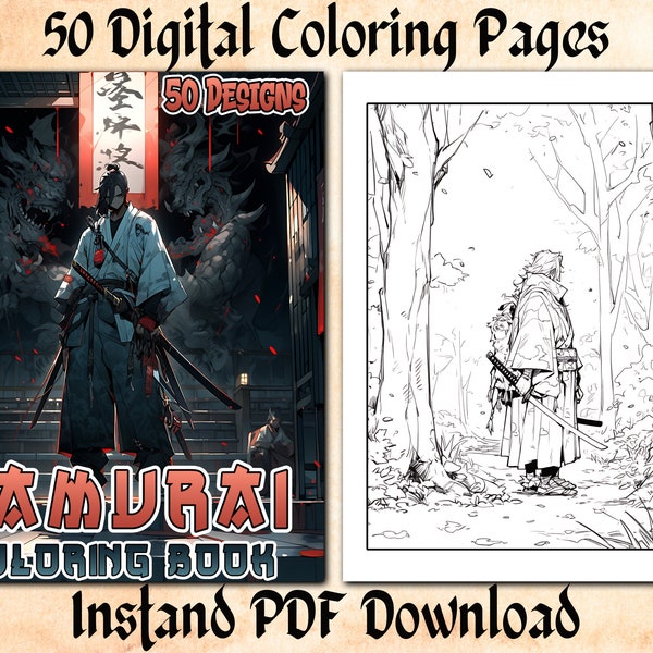 Anime Samurai Coloring Pages, Digital Japanese Warriors PDF Coloring Book Download for Digital Art or Print