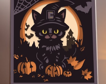 Cute Cat Halloween Shadow Box, Halloween Light Box, 3D Black Cat SVG, PaperCut Lightbox, Pumpkin Diy, 3D Shadow Box SVG, Cardstock SVG