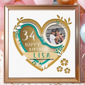 Caixa de sombra 3D de feliz aniversário com nome e ano personalizados, caixa de sombra com moldura, presente de aniversário, arquivos para Cricut, modelo de caixa de luz SVG, porta-retrato