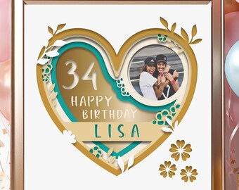May include: A gold framed picture with a teal and gold heart design. The heart has a photo of two people inside and the text "34 Happy Birthday Lisa".