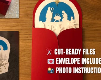 Stilla nattens födelse popup-kort SVG – 3D-julkortsmall med kuvert, lager på lager av den heliga natten-scenen, Cricut- och silhuettklippfiler