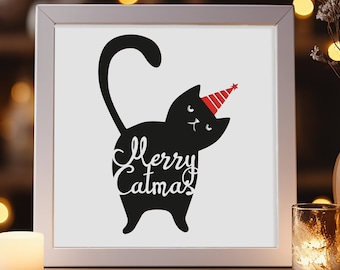 Merry Catmas Shadow Box, Chat amusant de Noël SVG, Lightbox de Noël, Boîte d’ombre 3D de Noël, Lightbox SVG Papercut en couches 3D, Funny Cat Dxf