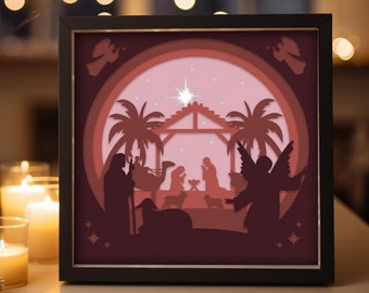 Merry Christmas Shadow Box, Cristmas Nativity SVG, Nativity Scene, Christmas 3D shadow box, 3d Layered SVG Papercut lightbox, Christian SVG