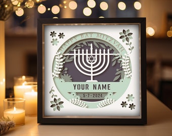 Modelos SVG 3D para caixa de sombras de Bat Mitzvah, ideais para projetos Cricut com várias camadas e presentes de papel.