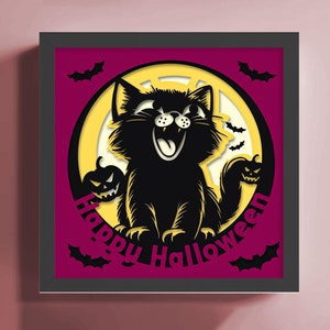 Cute Halloween Cat Shadow Box SVG, 3D Black Cat Papercut Lightbox, Pumpkin Cricut DIY, Halloween Shadow Box