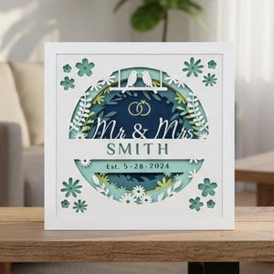 3D Floral Wedding Shadow Box: Custom Names & Date (SVG, DXF, PDF)
