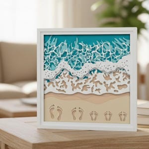 3D Ocean Wave Shadowbox SVG: Beach Footprints Papercutting Template (Digital Download)