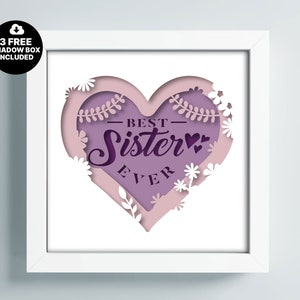 Caja de sombras con forma de corazón 3D SISTERS svg, plantilla de silueta 3D, regalo de hermanas multicapa Dxf, caja de sombras Cricut SVG, regalo para Papercut Lightbox Svg