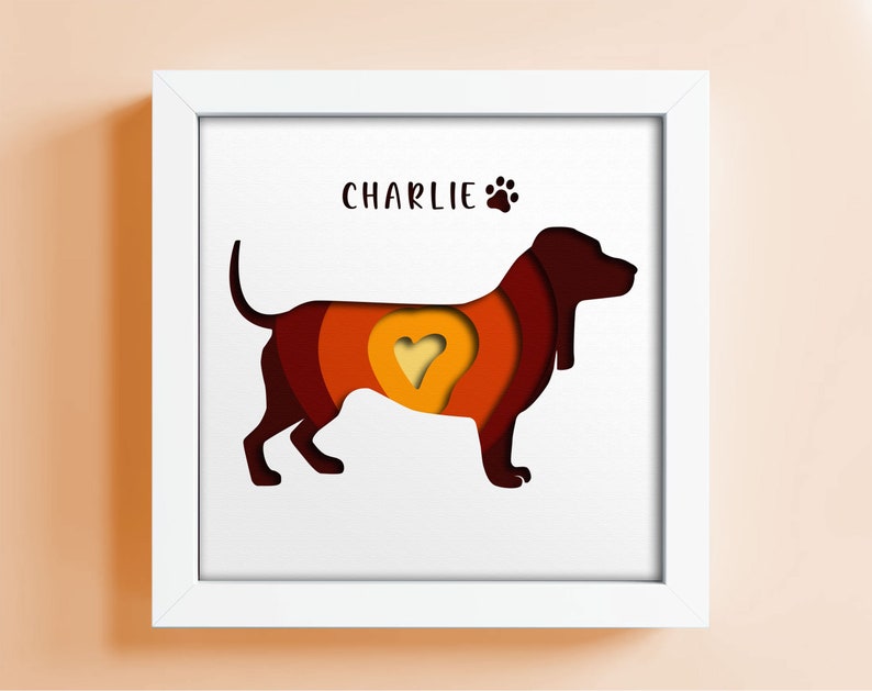 Nom personnalisé de chien 3D, Teckel SVG, Pet Memorial ShadowBox, Dog Shadow Box, Animal Shadow Box, Light Box Template, Cricut Project, Shadow Box image 1