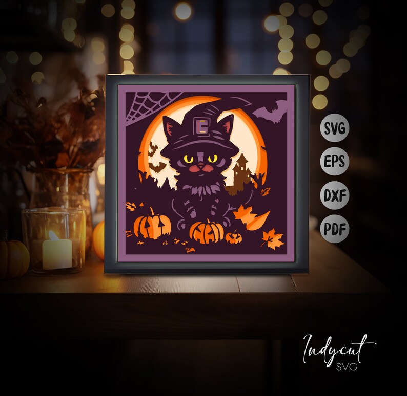May include: A framed Halloween-themed art piece featuring a black cat wearing a witch hat, surrounded by pumpkins, bats, and a full moon. The artwork is in shades of purple, orange, and black, with the text "SVG, EPS, DXF, PDF" on the right.