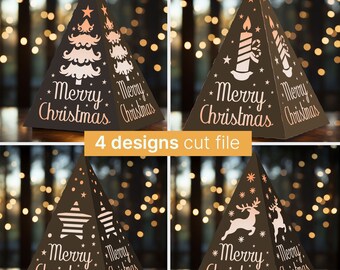 Christmas decoration SVG, Set of 4 Pyramid Centerpiece Lantern Paper Model template with snowflakes, New Year Table Decoration, Cricut SVG