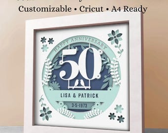 50th Anniversary Shadow Box SVG | Personalized Names & Date | Wedding Gift Cricut File | 3D Paper Cut Light Box Template