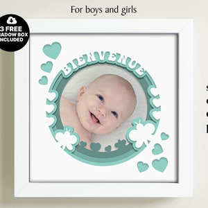 Shadow Box 3D cadre photo bébé SVG, modèle nouveau-né, Dxf multicouche, Cricut Shadow Box, modèle Papercut, Bienvenue Home Lightbox Svg