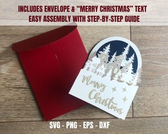 Christmas Pop Up Card SVG Template – 3D Holiday Card with Envelope, Merry Christmas Text – Cricut and Silhouette Cut Files, Digital Download