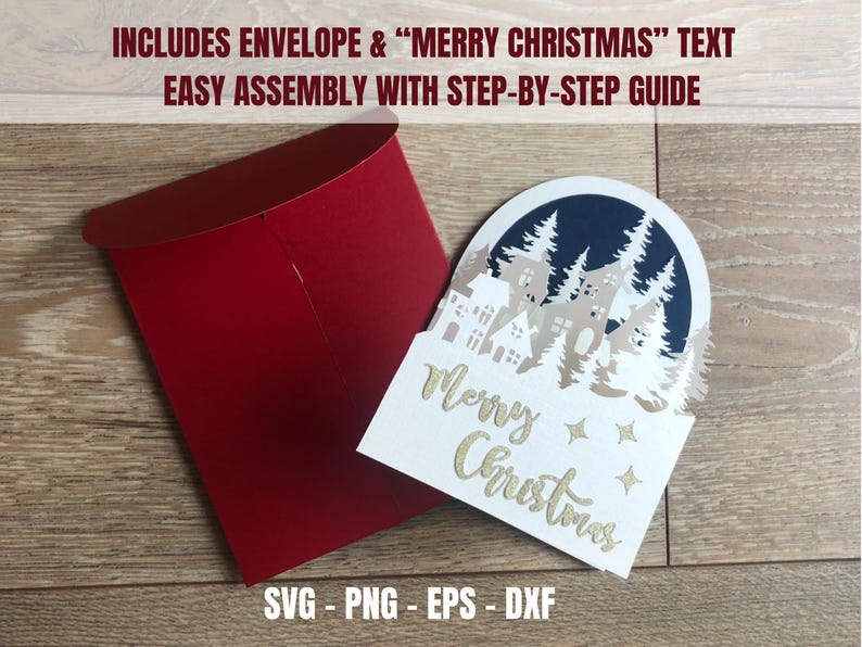 May include: A red envelope next to a white Christmas card with a cut-out winter scene and gold text that reads "Merry Christmas". The card includes a step-by-step guide and the text "SVG - PNG - EPS - DXF".
