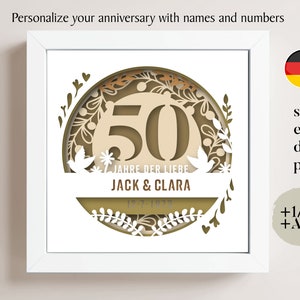 3D Rocznica 50 lat Shadow Box Niestandardowe Imię i Numery Niemiecki, Ślubne Shadow Box, Prezenty Rocznicowe, Plik Cricut, Szablon Lightbox Svg