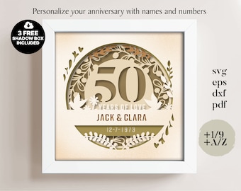 3D Anniversary 50 Years Shadow Box Custom Name and Numbers, Wedding Shadow Box, Anniversary Gifts, Files For Cricut, Template Lightbox Svg