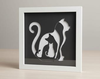 3D Cat Shadow Box SVG: Layered Papercut Template, black and white cat (Digital Download)