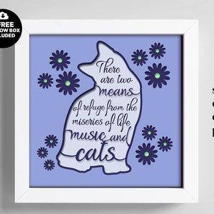 chat Shadow Box Svg, caisson lumineux chat Svg, Dxf SVG multicouche, fichier Cricut 3D, modèle Papercut, citations chat papercut