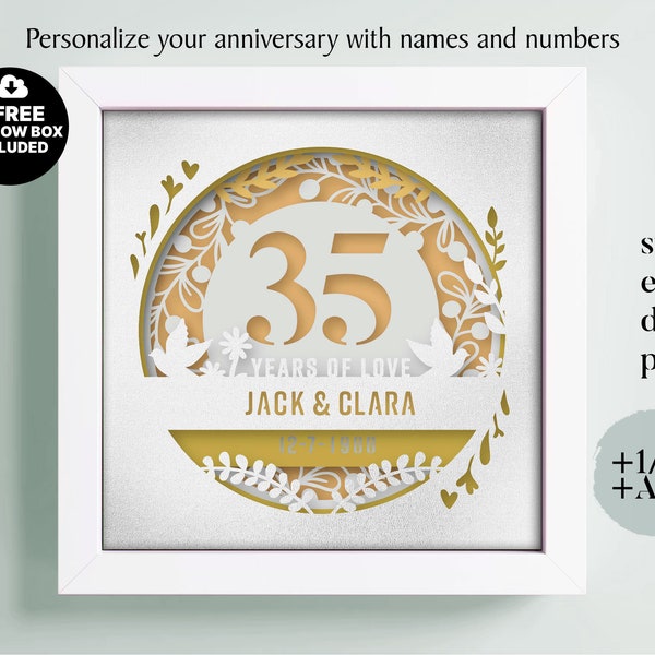 3D Anniversary 35 Years Shadow Box Custom Name and Numbers, Wedding Shadow Box, Anniversary Gifts, Files For Cricut, Template Lightbox Svg