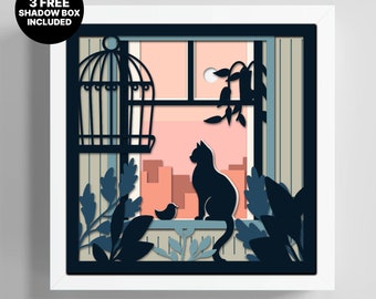 Shadow box Cat and bird Svg, Boho Cat Kitchen shadow box svg, Cat and bird ShadowBox, Cat Lightbox, Mid Century, multilayer Cat Day