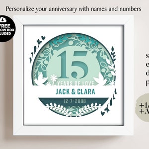 Shadow Box 3D Rocznica 15 lat, Niestandardowe nazwy i numery, Ślubne pudełko cieni, Prezenty rocznicowe, Pliki dla Cricut, Szablon Lightbox Svg