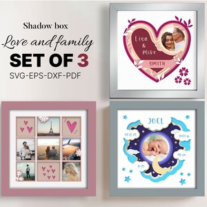 Modèle du monde 3D famille Shadow Box - lot de 3 cadres photo personnalisés nouveau-né, nom personnalisé DXF & SVG Papercut Bundle