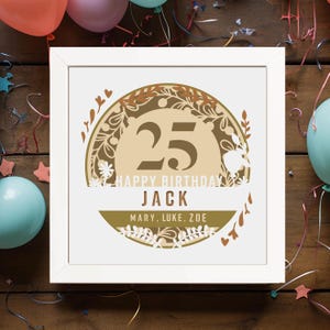 Scatola delle ombre di buon compleanno, modello per 25° compleanno, Dxf multistrato, scatola delle ombre per anniversario, regalo di nascita, modello Papercut, Lightbox Svg