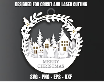 May include: A white paper cut-out Christmas ornament with a winter village scene. The design includes houses, trees, and a Santa figure, all within a circular frame. The text "MERRY CHRISTMAS" is at the bottom. The ornament is designed for Cricut and laser cutting.