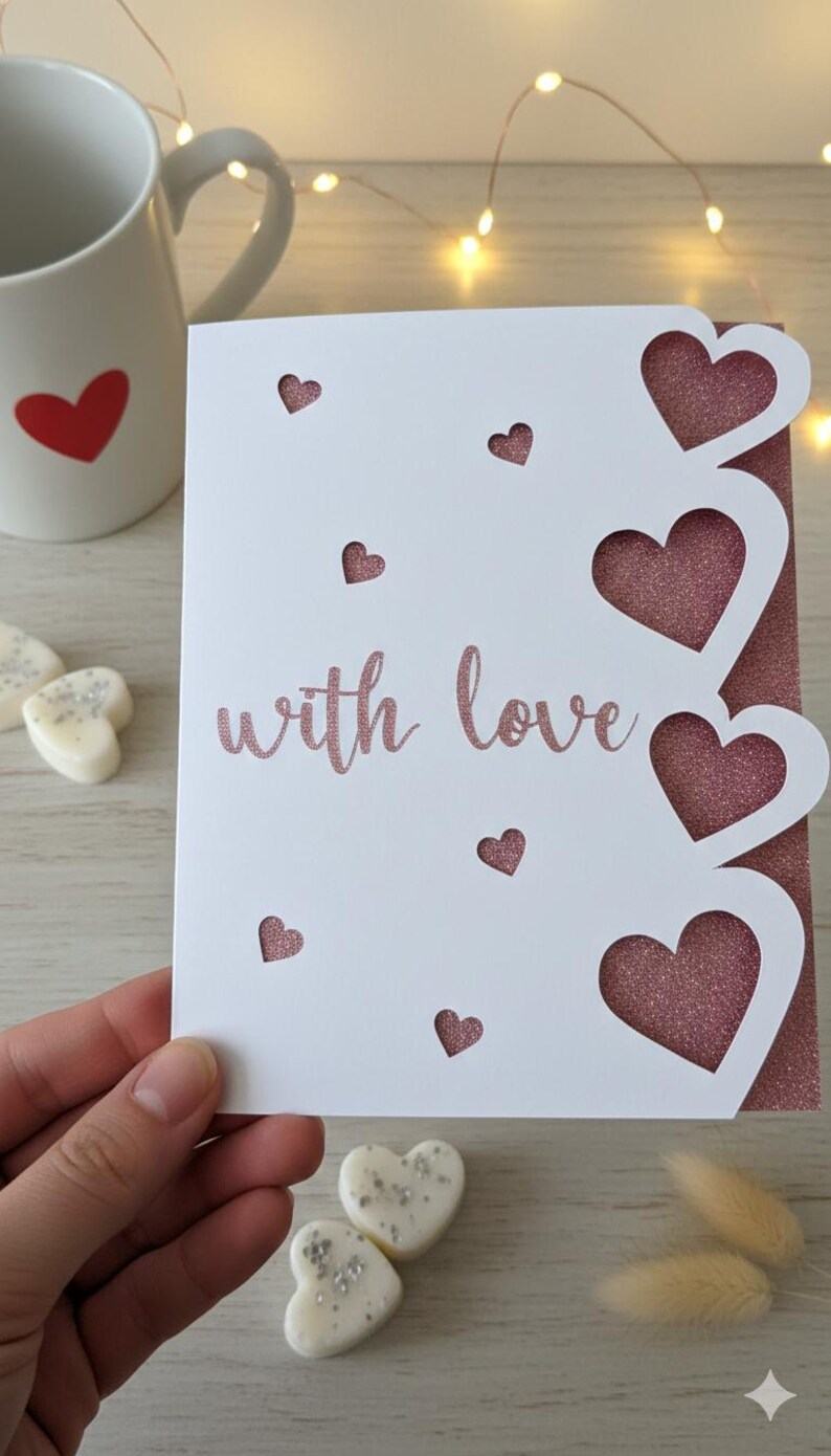 Pu&ograve; includere: Un biglietto di auguri bianco con ritagli a forma di cuore e la scritta "with love" in un carattere glitterato rosa. Il biglietto ha un retro glitterato rosa. Sullo sfondo una tazza bianca con un cuore rosso.