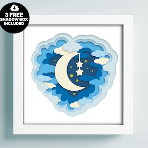 3D Baby Shadow Box SVG, 3D Moon Clouds Sky-sjabloon, meerlaagse Baby Dxf, Cricut Shadow Box, Papercut-sjabloon, Moon Stars Sky Lightbox Svg