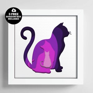 Modèle de boîte d'ombre chat Papercut, chat multicolore Svg, Dxf SVG multicouche, fichier Cricut 3D, modèle pdf chat, couleur 3D Cricut Pdf miaou
