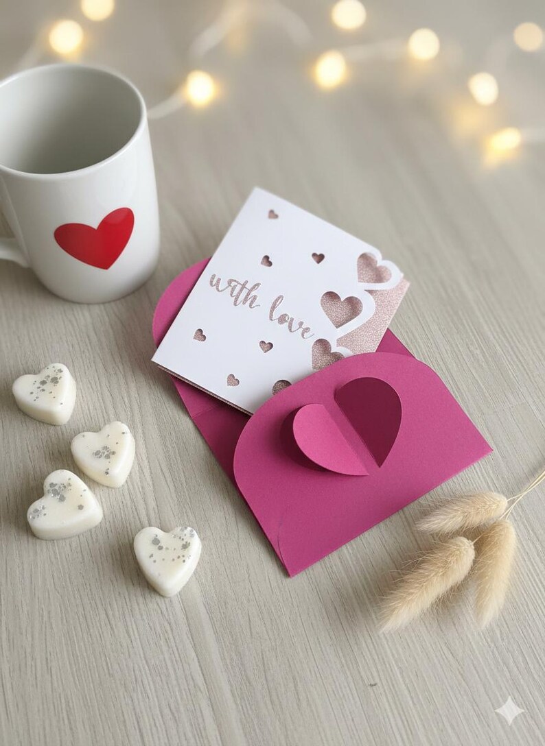 Pu&ograve; includere: Una tazza bianca con un cuore rosso, una busta rosa con un ritaglio a forma di cuore e una carta con la scritta "with love". Cuori di cera profumata e rametti decorativi completano il tema romantico.