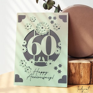 60e verjaardag kaart SVG – kaartsjabloon met bloemen invoegen voor Cricut en silhouet – gelaagde papercut, digitale download DIY