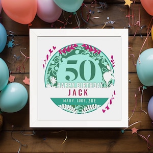Caja de sombras de feliz cumpleaños, plantilla de 50 cumpleaños, DXF multicapa, caja de sombras de aniversario, regalo de nacimiento, plantilla de corte de papel, caja de luz SVG