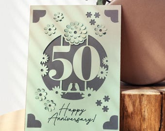 Tarjeta SVG para el 50.º aniversario: plantilla para tarjeta con inserto floral para Cricut y Silhouette; diseño en capas para corte de papel; descarga digital para proyectos DIY.