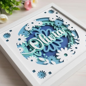 Könnte beinhalten: Ein gerahmtes Papierkunstwerk mit dem Namen "Olivia" in Schreibschrift. Das Design beinhaltet blaue und weiße Blumenelemente in einem weißen Rahmen. Das Kunstwerk hat einen 3D-Effekt, wobei mehrere Schichten Tiefe erzeugen.