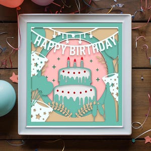 Caja de sombras de feliz cumpleaños en 3D svg, plantilla de silueta en 3D, regalo multicapa dxf, caja de sombras de Cricut SVG, regalo para Papercut, caja de luz Svg