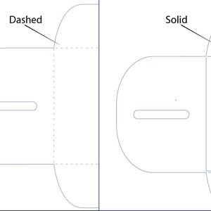 Pu&ograve; includere: Un disegno tecnico di un modello di scatola, con una parte superiore arrotondata e un ritaglio rettangolare. Il lato sinistro mostra una linea tratteggiata, mentre il lato destro mostra una linea continua, che indica diverse istruzioni di piegatura. Il design &egrave; minimalista.