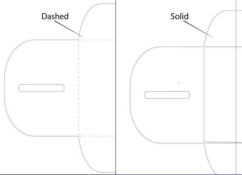 Pu&ograve; includere: Un disegno tecnico di un modello di scatola, con una parte superiore arrotondata e un ritaglio rettangolare. Il lato sinistro mostra una linea tratteggiata, mentre il lato destro mostra una linea continua, che indica diverse istruzioni di piegatura. Il design &egrave; minimalista.