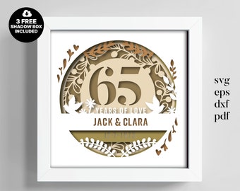 3D Anniversary 65 Years Shadow Box Custom Name and Numbers, Wedding Shadow Box, Anniversary Gifts, Files For Cricut, Template Lightbox Svg