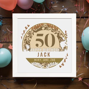 Caja de sombras de feliz cumpleaños, plantilla de 50 cumpleaños, Dxf multicapa, caja de sombras de aniversario, regalo de nacimiento, plantilla de corte de papel, caja de luz Svg