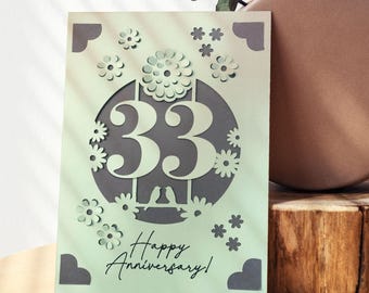Tarjeta SVG para el 33.º aniversario: plantilla para tarjeta con inserto floral para Cricut y Silhouette; diseño en capas para corte de papel; descarga digital para proyectos DIY.