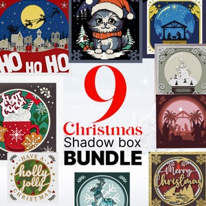 May include: A bundle of nine Christmas-themed shadow box designs. The designs include Santa in the sky, a cat in a Santa hat, nativity scenes, a snowman, a mug of hot cocoa, and festive text that reads "HO HO HO", "Have a holly jolly Christmas", and "Merry Christmas".